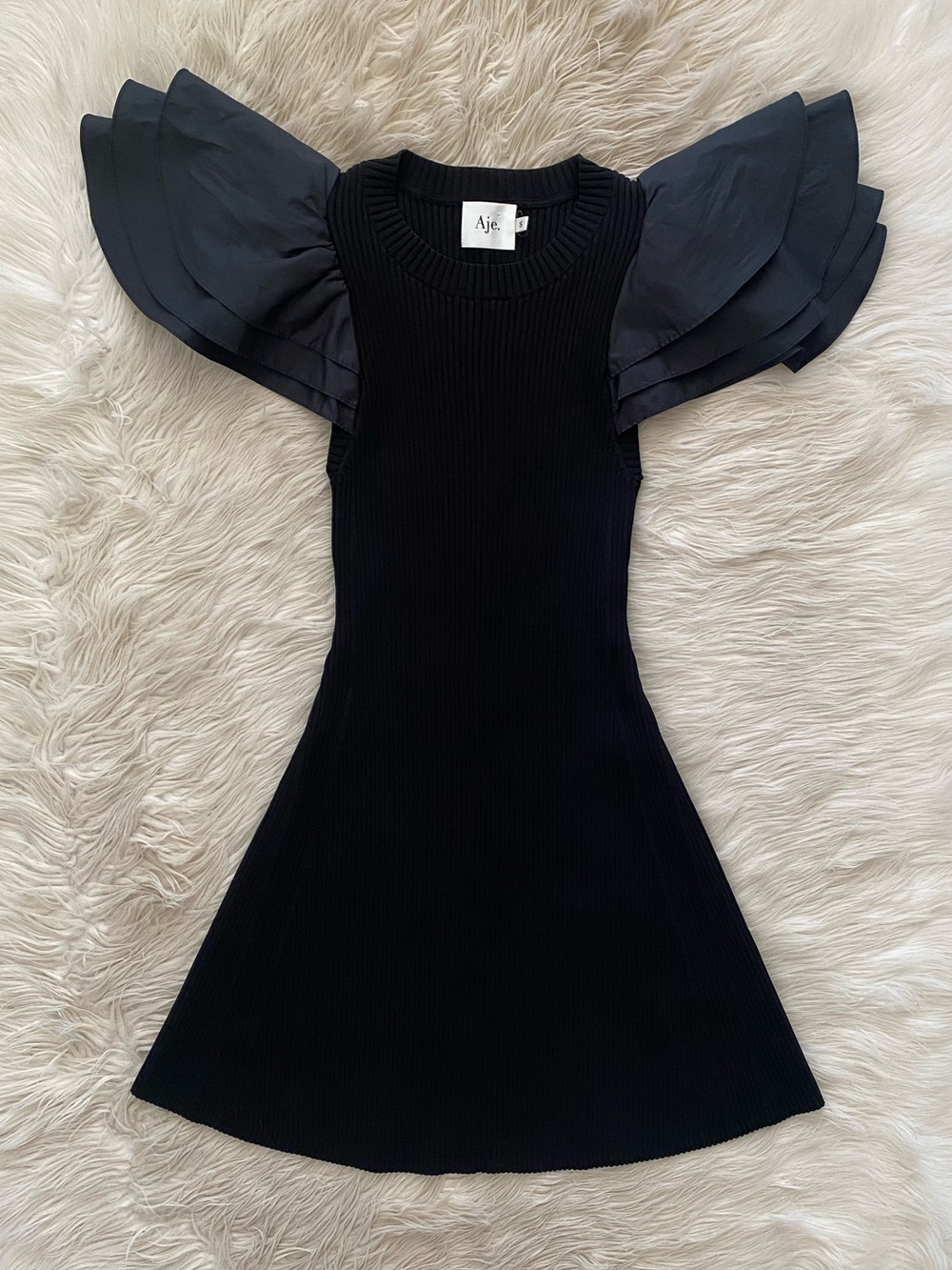 Aje Questa Puff Sleeve Mini Dress Black Ribbed Knit Little Black Dress US 4 - Picture 2 of 16